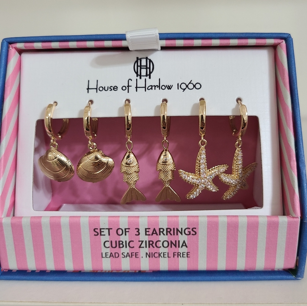 House of Harlow 1960 Nautical Gold Clam Shells Sardines Starfish Earrings Set